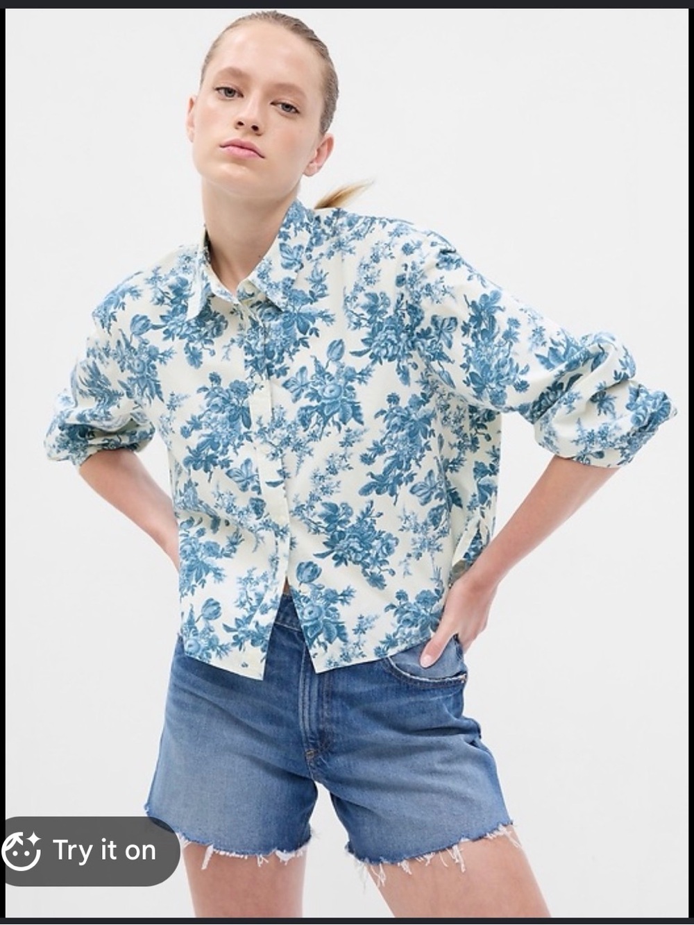 Gap LoveShackFancy Blue Floral Toile Cropped Button Down Shirt Cottage Coastal S